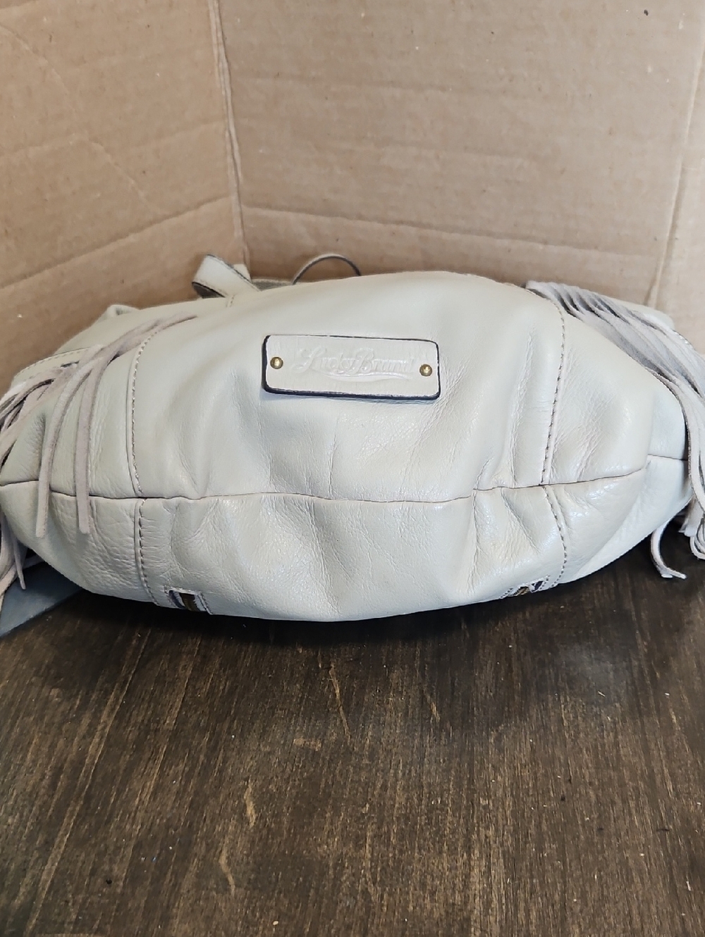 Lucky Brand Vtg. Smoke Gray/Toupe Pebbled Leather Fringe Hobo Crossbody Bag - Picture 10 of 15